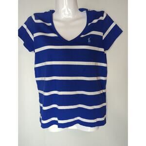 POLO Ralph Lauren Cotton Blue & White Striped V-Neck Short Sleeve Top Size SP